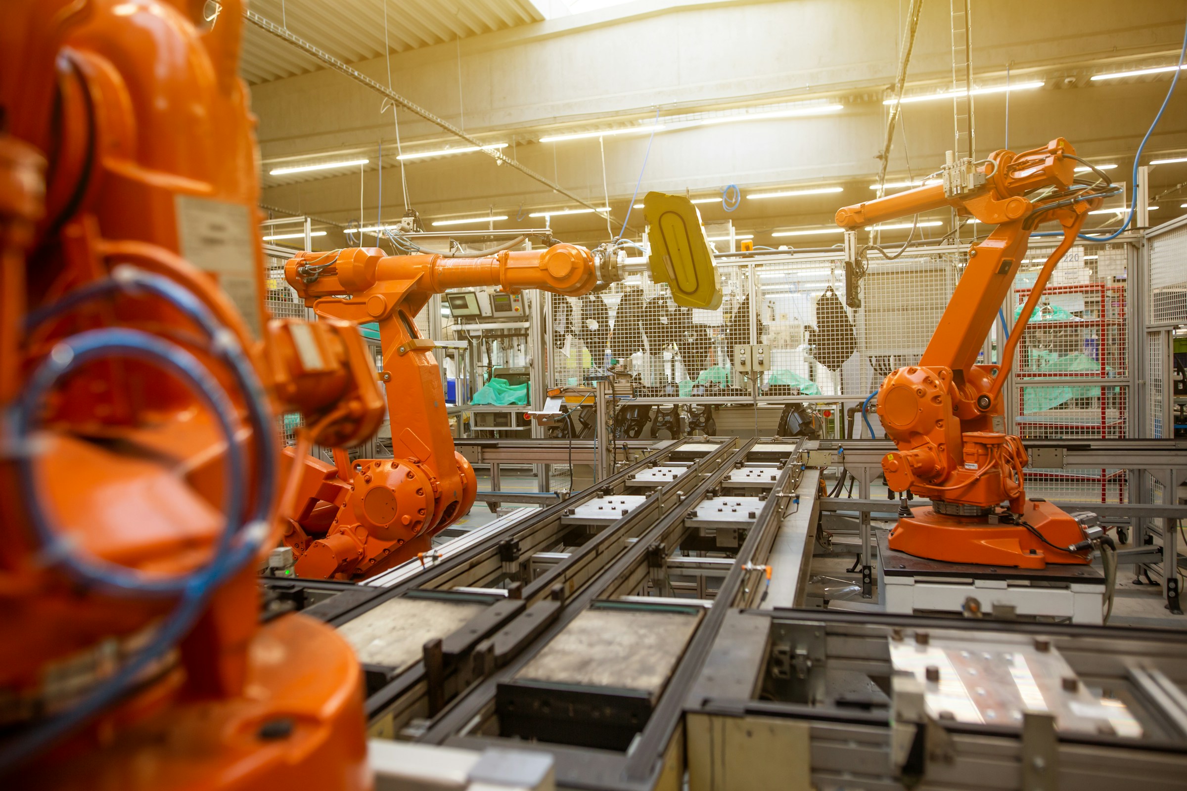 Robotic assembly line inside a factory