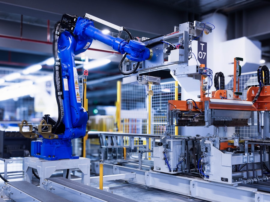 Robotic arm working on an automated assembly line inside a manufacturing plant
