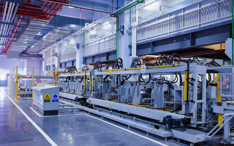 Long automated production line inside a factory that manufactures goods for export